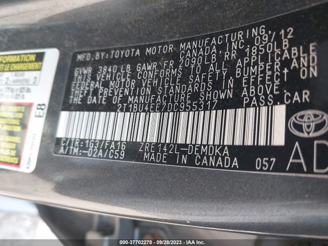 2013 TOYOTA COROLLA L/LE/S VIN: 2T1BU4EE7DC955317