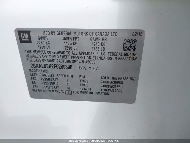 Chevrolet EQUINOX LT 2015 2GNALBEK2F6280898 Image 9