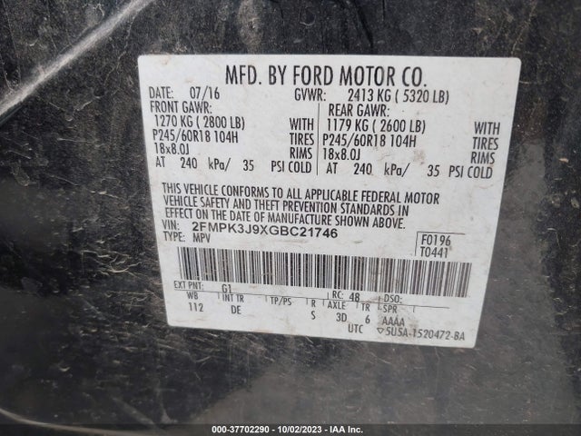 Ford EDGE SEL 2016 2FMPK3J9XGBC21746 Image 9