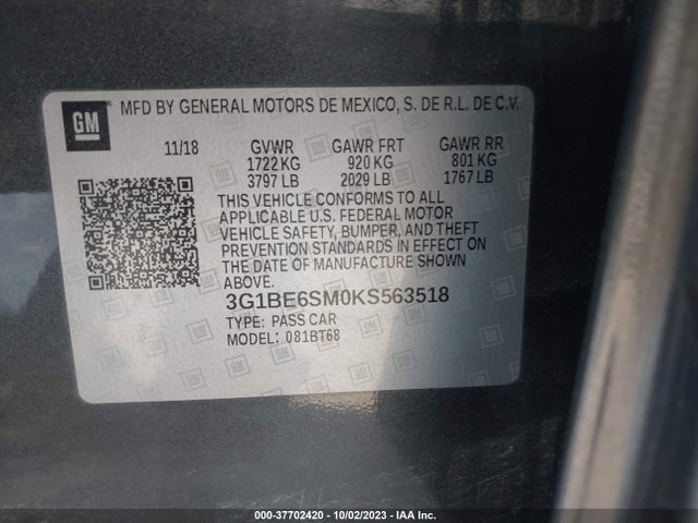 Chevrolet CRUZE LT 2019 3G1BE6SM0KS563518 Image 9