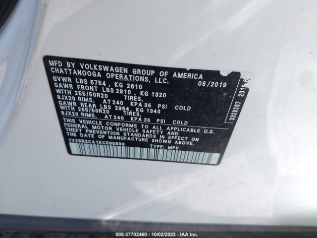 1V2SR2CA1KC595598 Volkswagen Atlas 3.6l V6 Sel R-line