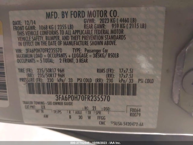 Ford FUSION SE 2015 3FA6P0H70FR235570 Image 9