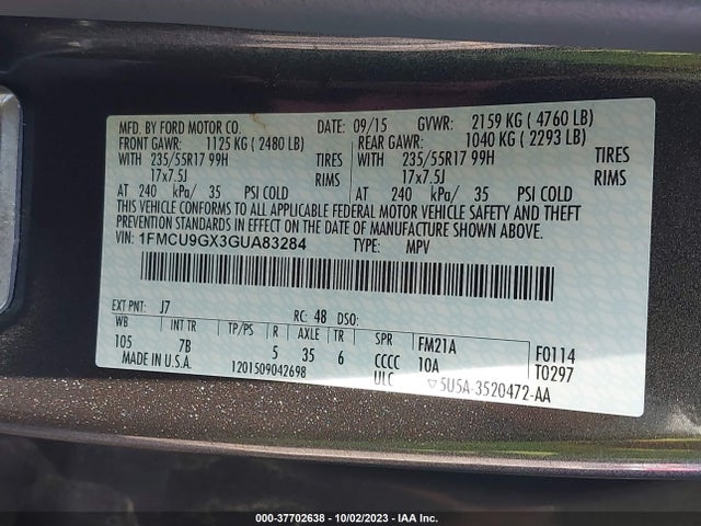 Ford ESCAPE SE 2016 1FMCU9GX3GUA83284 Image 9