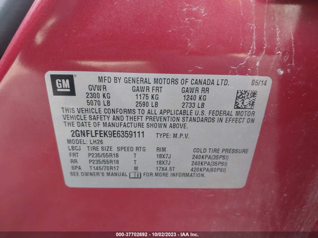 Chevrolet EQUINOX LT 2014 2GNFLFEK9E6359111 Image 9