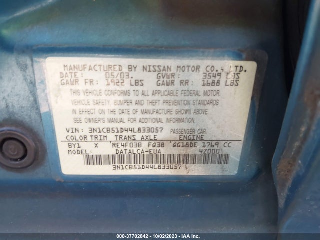 2004 NISSAN SENTRA VIN: 3N1CB51D44L833057