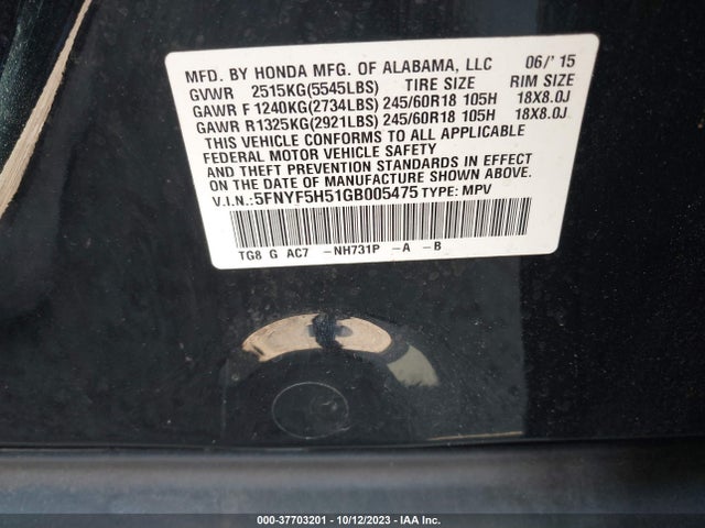 Honda Pilot Ex-l 2016 5FNYF5H51GB005475 Image 9