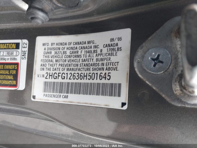 2006 HONDA CIVIC CPE LX VIN: 2HGFG12636H501645