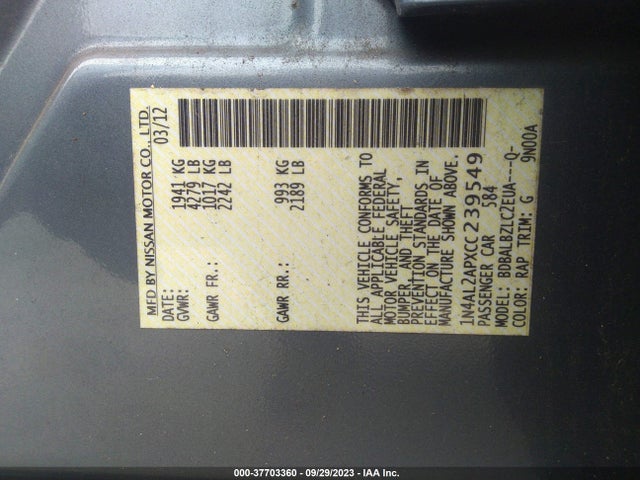 2012 NISSAN ALTIMA 2.5 S VIN: 1N4AL2APXCC239549