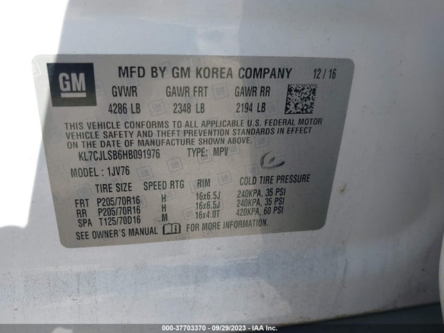 Chevrolet Trax Lt 2017 KL7CJLSB6HB091976 Image 9