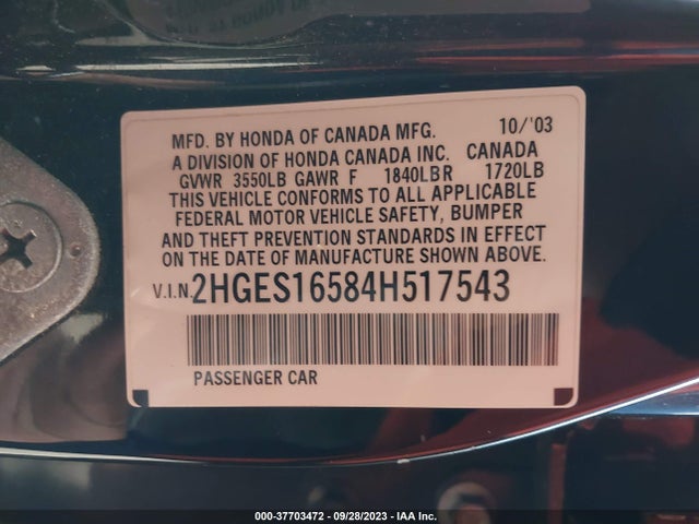 2004 HONDA CIVIC LX VIN: 2HGES16584H517543