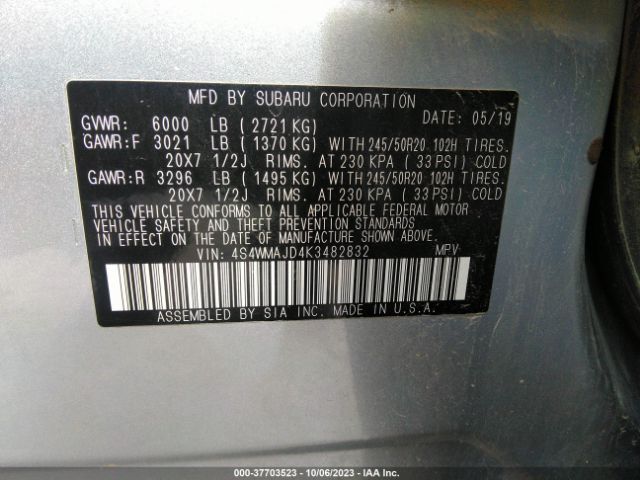 4S4WMAJD4K3482832 Subaru Ascent Limited