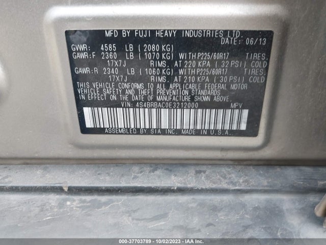 Subaru Outback 2.5i 2014 4S4BRBAC0E3212000 Image 9