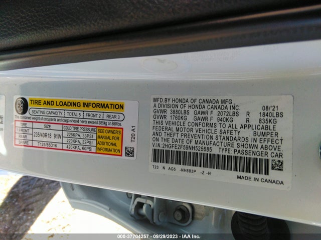 2022 HONDA CIVIC SEDAN SPORT VIN: 2HGFE2F59NH525685