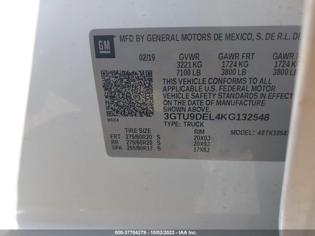 GMC Sierra 1500 Slt 2019 3GTU9DEL4KG132548 Image 9