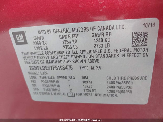 Chevrolet Equinox Ltz 2015 2GNFLDE37F6193475 Image 9