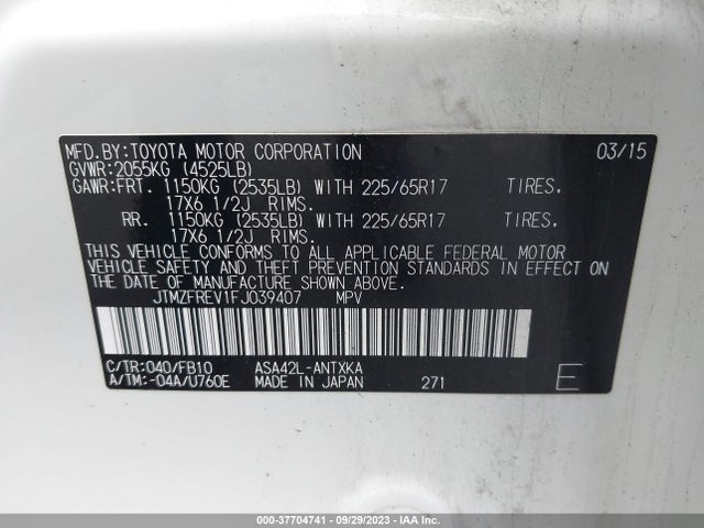 2015 TOYOTA RAV4 LE VIN: JTMZFREV1FJ039407