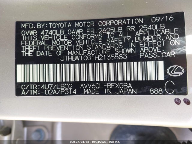 JTHBW1GG1H2135583 Lexus Es Es 300h