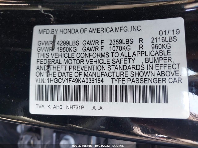 Honda ACCORD EX 2019 1HGCV1F49KA036184 Image 9