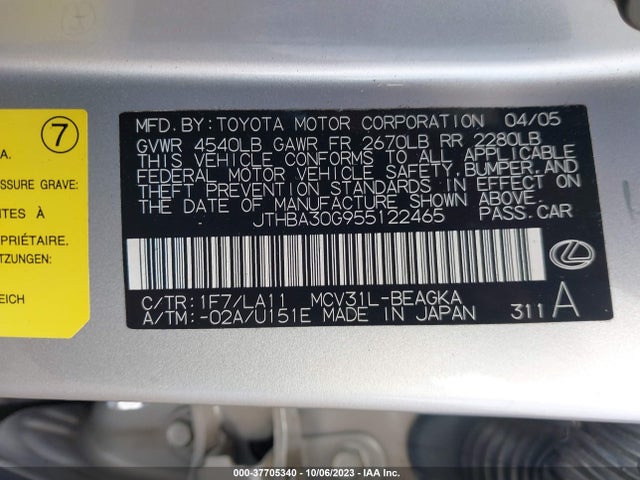 2005 LEXUS ES 330 VIN: JTHBA30G955122465