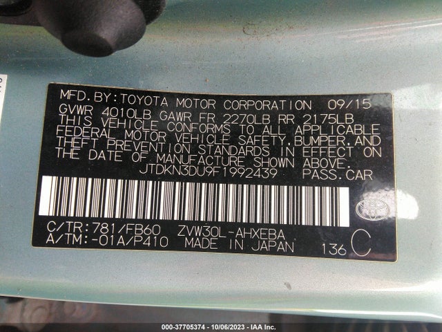 Toyota Prius Four 2015 JTDKN3DU9F1992439 Image 9