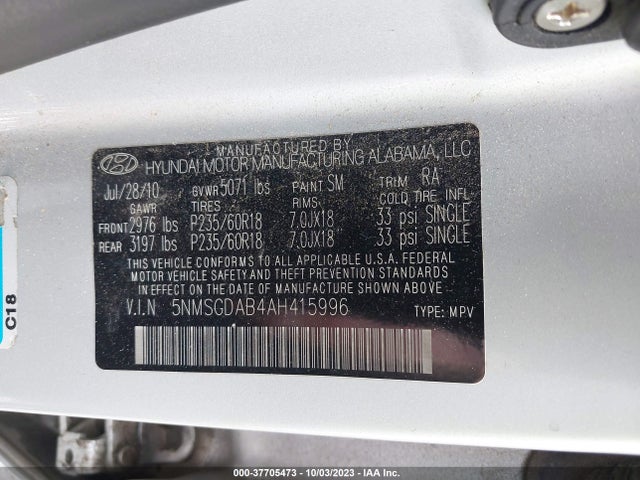 2010 HYUNDAI SANTA FE GLS VIN: 5NMSGDAB4AH415996