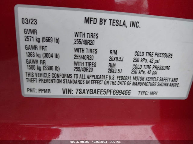 2023 TESLA MODEL Y LONG RANGE VIN: 7SAYGAEE5PF699455