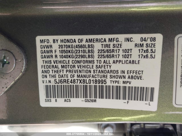 2008 HONDA CR-V EX-L VIN: 5J6RE487X8L018995