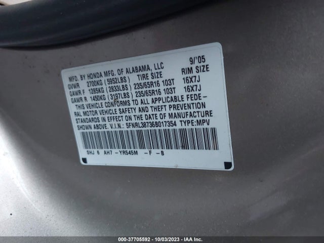 2006 HONDA ODYSSEY EX-L VIN: 5FNRL38736B017354