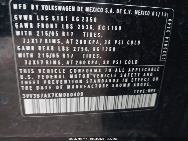 3VV3B7AX7KM080409 Volkswagen Tiguan Se/sel/sel R-line