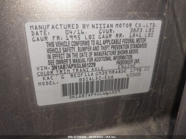 3N1AB7APXGL661229 Nissan Sentra Sr/sl/s/sv/fe+ S