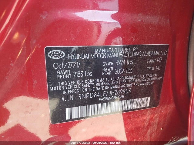2018 HYUNDAI ELANTRA SEL VIN: 5NPD84LF7JH289903