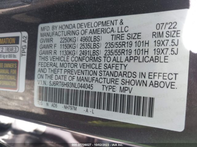 5J6RT6H93NL044045 Honda Cr-v Hybrid Touring