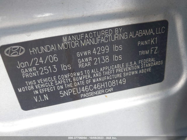 2006 HYUNDAI SONATA GLS VIN: 5NPEU46C46H108149