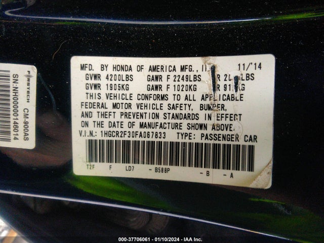 Honda ACCORD LX 2015 1HGCR2F30FA067833 Image 9