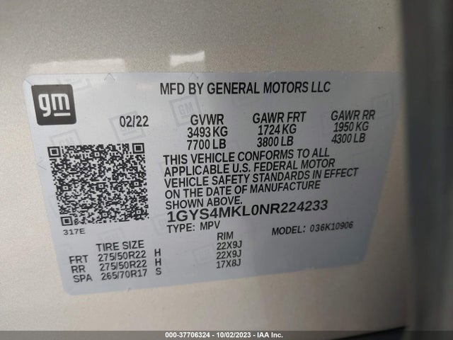 1GYS4MKL0NR224233 Cadillac Escalade Esv Premium Luxury Platinum