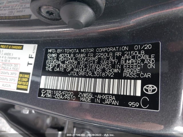 2020 TOYOTA PRIUS LE/XLE VIN: JTDL9RFU9L3018792