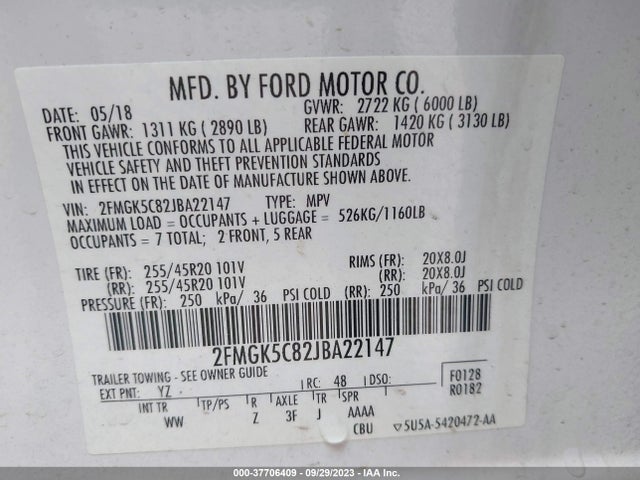 2018 FORD FLEX SEL VIN: 2FMGK5C82JBA22147