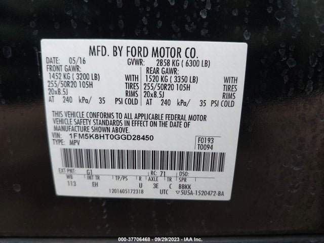 2016 FORD EXPLORER PLATINUM VIN: 1FM5K8HT0GGD28450