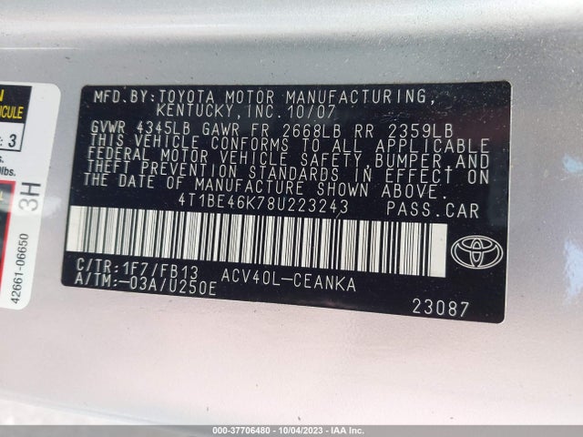 2008 TOYOTA CAMRY LE VIN: 4T1BE46K78U223243