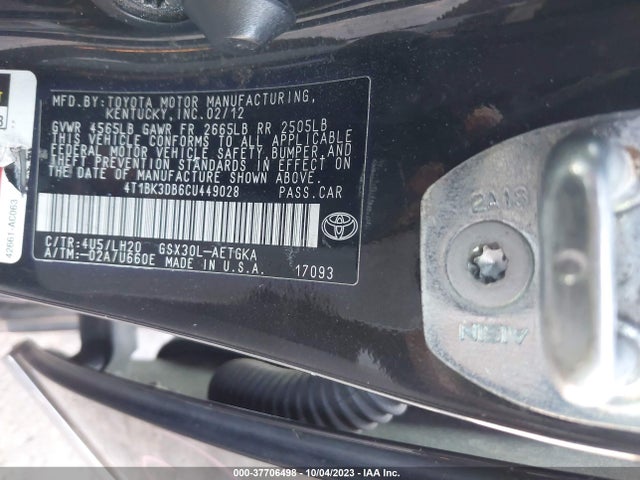 2012 TOYOTA AVALON VIN: 4T1BK3DB6CU449028