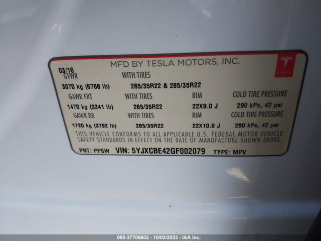 Tesla Model X P90d/75d/p100d 2016 5YJXCBE42GF002079 Image 9