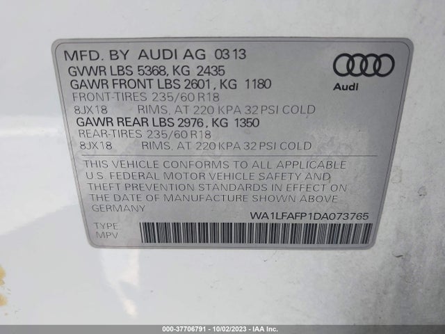 2013 AUDI Q5 PREMIUM PLUS VIN: WA1LFAFP1DA073765