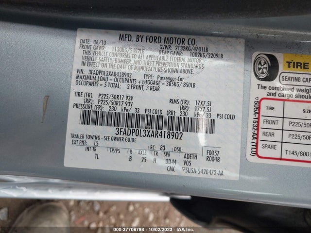 2010 FORD FUSION HYBRID VIN: 3FADP0L3XAR418902