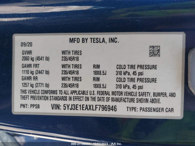 Tesla Model 3 Standard Range 2020 5YJ3E1EAXLF796946 Image 9
