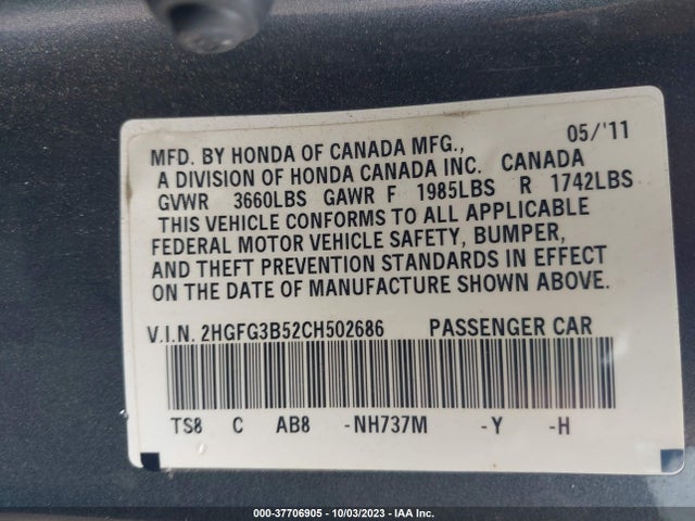 2012 HONDA CIVIC CPE LX VIN: 2HGFG3B52CH502686