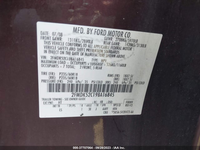 2009 FORD FLEX SEL VIN: 2FMDK52C19BA16845