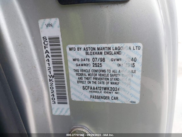 1998 ASTON MARTIN DB7 VIN: SCFAA4121WK202403