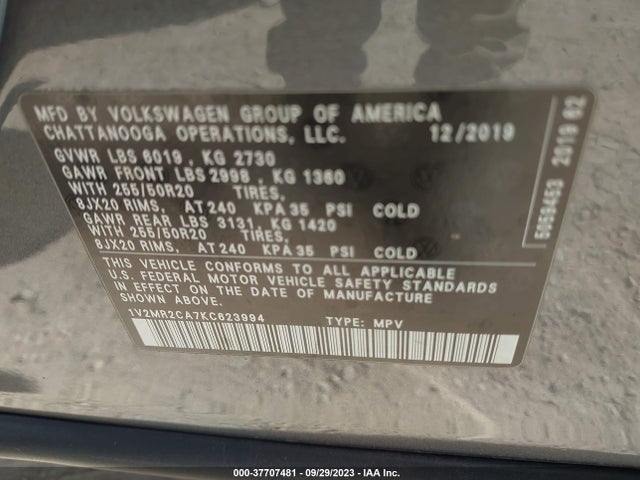 1V2MR2CA7KC623994 Volkswagen Atlas 3.6l V6 Sel
