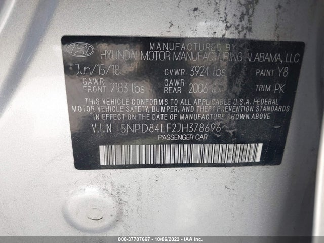 2018 HYUNDAI ELANTRA SEL VIN: 5NPD84LF2JH378696