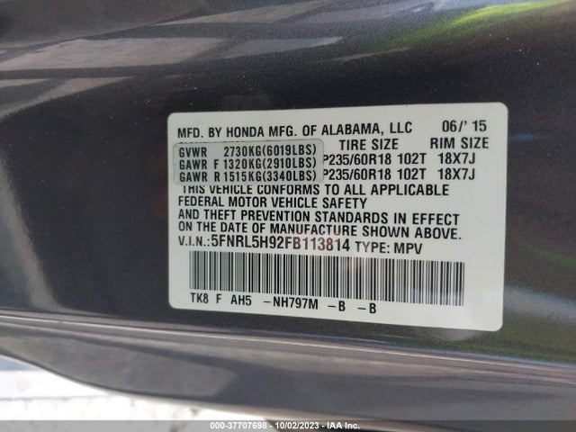 Honda Odyssey Touring 2015 5FNRL5H92FB113814 Image 9